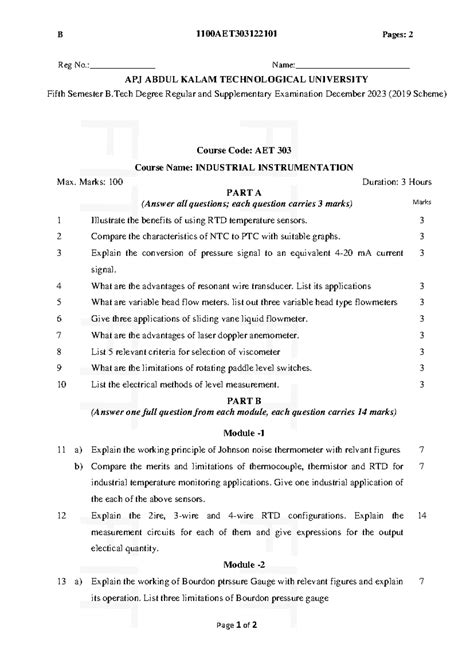 AET 303 - Industrial Instrumentation Question Paper (Dec 2023) - Studocu