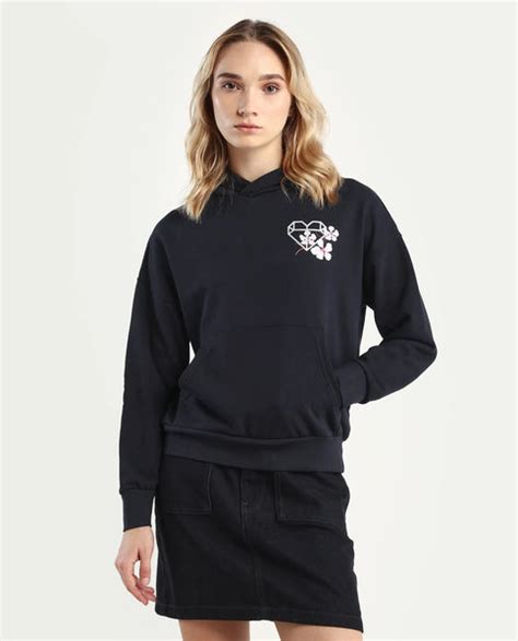 Rareism Women's Quash Black Cotton Blend Hooded Graphic Print Relaxed