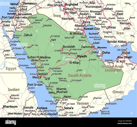 Map of Saudi Arabia. Shows country borders, urban areas, place names and roads. Labels in ...