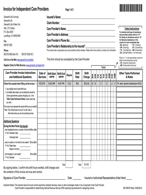 2019-2026 Form Genworth Invoice for Independent Care Providers - Blank ...
