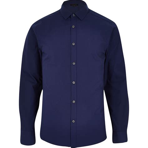 Lyst - River Island Navy Long Sleeve Button Shirt in Blue for Men