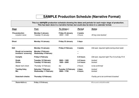 Image result for Production Schedule Example
