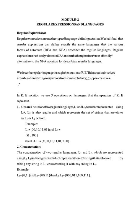 REGULAR EXPRESSIONS AND LANGUAGES: Module 2 Notes - Studocu