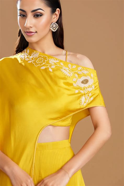 Yellow Silk Satin Embroidered Off-Shoulder Cape Set – Yashodhara