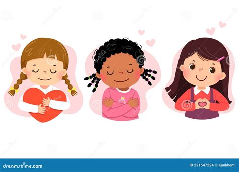 Set of Cartoon of Little Girls Hugging Themself. Self Love, Self Care ...