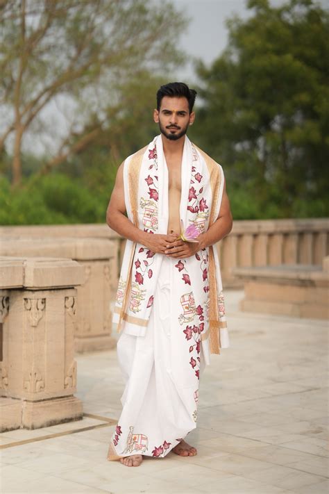 Men's Handprint White Cotton Dhoti (10 × 6) Set with Floral & Cow Bord ...