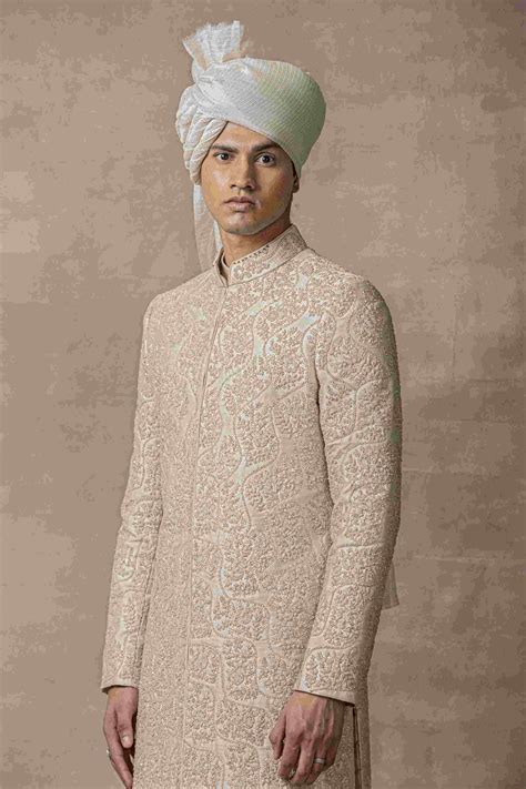 Rose Gold Sherwani Highlighted With Rose Gold Zari And Thread – Sarab ...