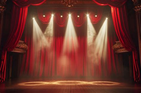 Theater stage with red curtains and spotlights theatrical scene in the ...