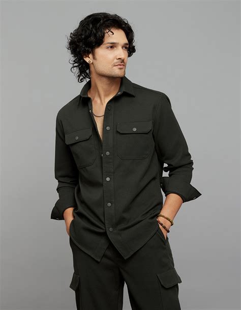 Bottle Green Full Sleeves Snap Button Front Closure Shacket – ROOKIES