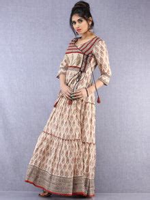 Naaz Mahira - Hand Block Printed Long Cotton Tiered Embroidered Angrak ...