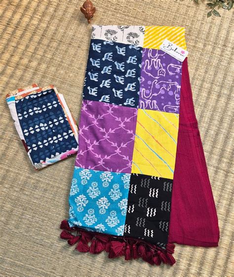 Cotton Galleria | Deep Maroon Cotton Saree with Multicoloured Patchwor ...
