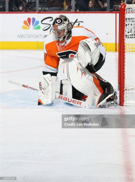 Carter Hart of the Philadelphia Flyers prepares to stop a shot on ...
