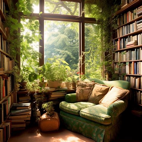 Cozy Home Library Design with Green Couch and Plants