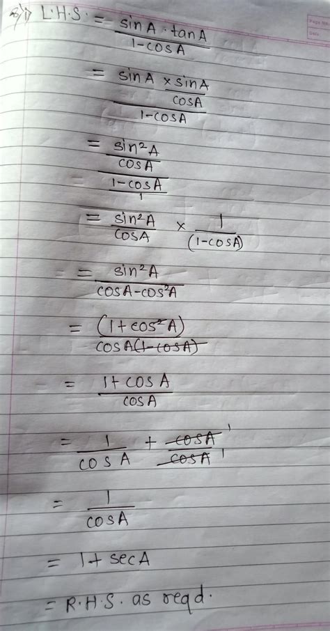 sin A * tan A/ 1 - cos A = 1 + sec A - Brainly.in