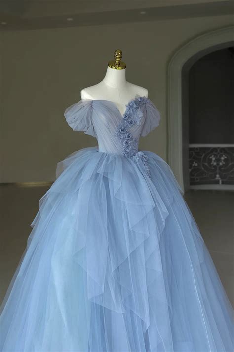 Blue Tulle Floor Length Prom Dress, Off the Shoulder Evening Dress wit