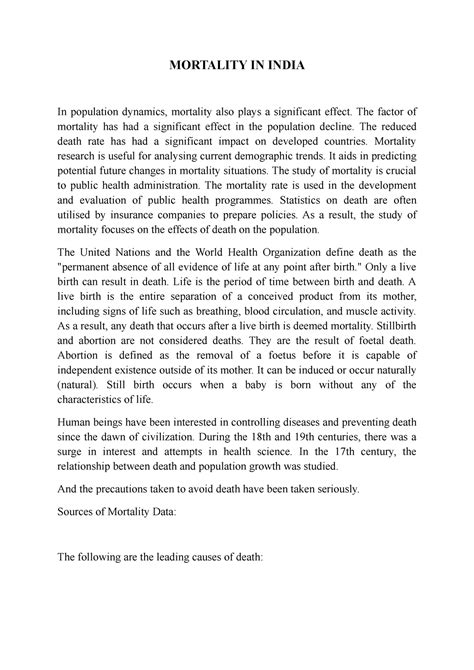 Mortality IN India - Lecture notes 4 - MORTALITY IN INDIA In population ...