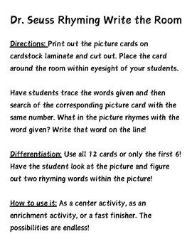 Dr. Seuss Writing the Room Rhyming Words (CVC) by Corbelli Classroom ...