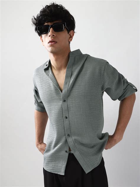 Men's Metallic Blue Linen Blend Full Sleeve Relaxed Fit Mandarin Colla ...