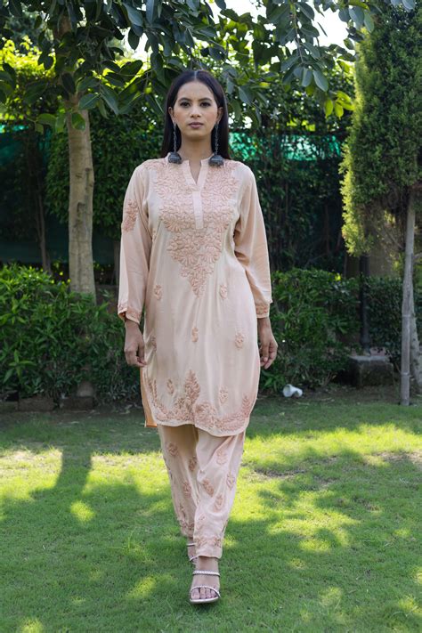 Beige Modal Chikankari Solid Women's 2 PC Short Kurta Set | Vanika