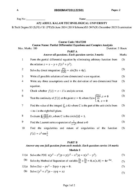 MAT201 Final Exam Question Paper: PDE & Complex Analysis - Studocu