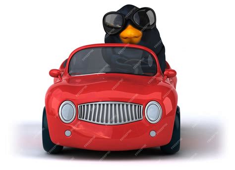 Lustiger schwarzer Vogel 3d, der ein Auto fährt | Premium Foto
