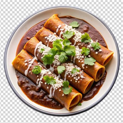 Plate of mexican mole sauce enchiladas isolated white background ...