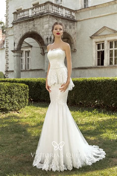 Delicate Lace Tulle Peplum Fitted Mermaid Wedding Dress - VQ