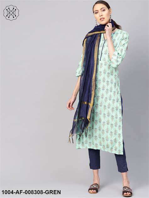 Sea Green And Blue Printed 3/4Th Sleeve Straight Kurta With Ciggratte ...