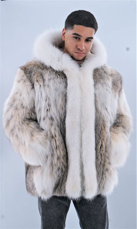 Mens Lynx Jacket with Hood White Fox Fur Trim 5543 – MARC KAUFMAN FURS