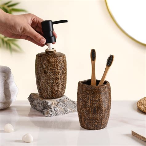 Earthy Chic Ceramic Bathroom Accessories Set Of 2 Brown Online ...