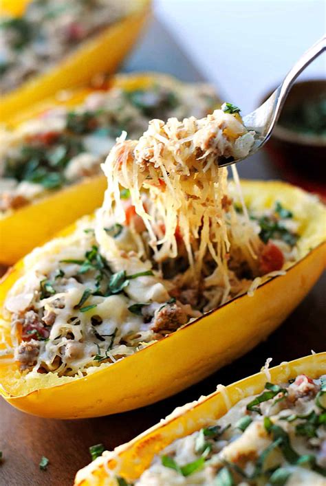Spaghetti Squash Boats with Spicy Sausage - Eat Yourself Skinny