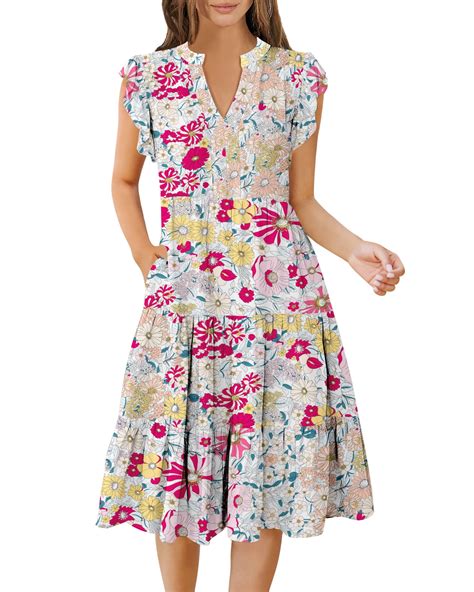 UVN Summer Dresses for Women Ruffle Sleeve V Neck Midi Dress Casual ...