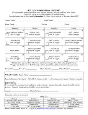 Fillable Online HOT LUNCH ORDER FORM JANUARY Fax Email Print - pdfFiller