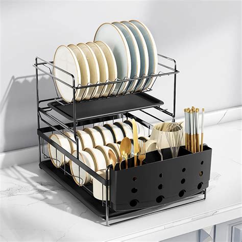 Buy Dish Drying Rack, 2-Tier Dish Rack Drain Board Set with Spoon Fork ...
