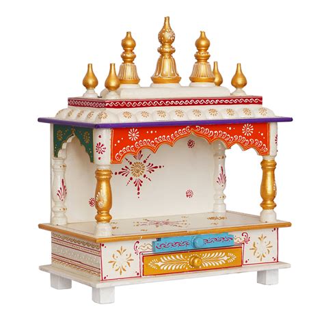 White and Orange Mango Wood Pooja Temple/Mandir with Storage Option ...