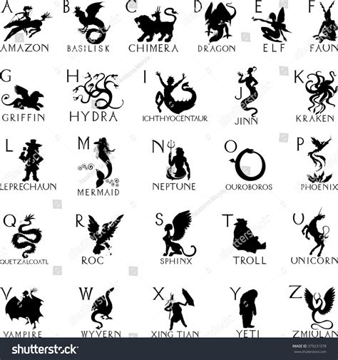 Alphabet Silhouettes Mythical Creatures: vector de stock (libre de regalías) 379231978