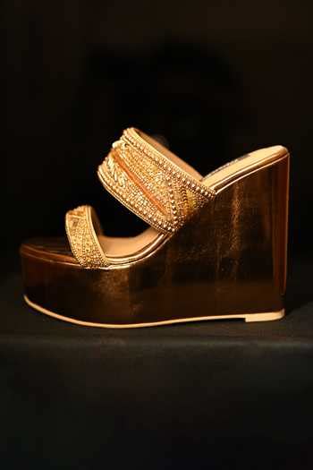 Buy Gold Beads Dual Strap Handwork Wedges by Miraki Online at Aza Fashions.