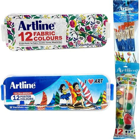 Artline Combo Pack of Poster Colours Set of 12, Fabric Colours Set of ...