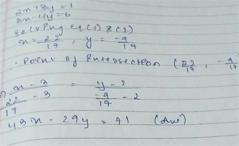 find the equation of line passing through point (3,2) and the point of ...