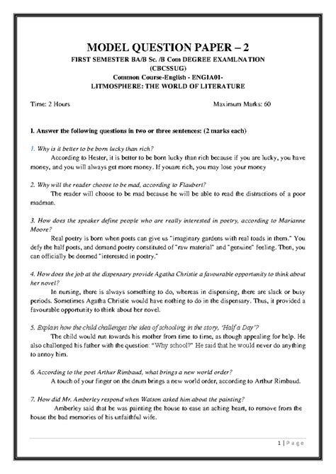 Litmosphere Model QP - Short Answers & Paragraph Questions (ENGIA01 ...