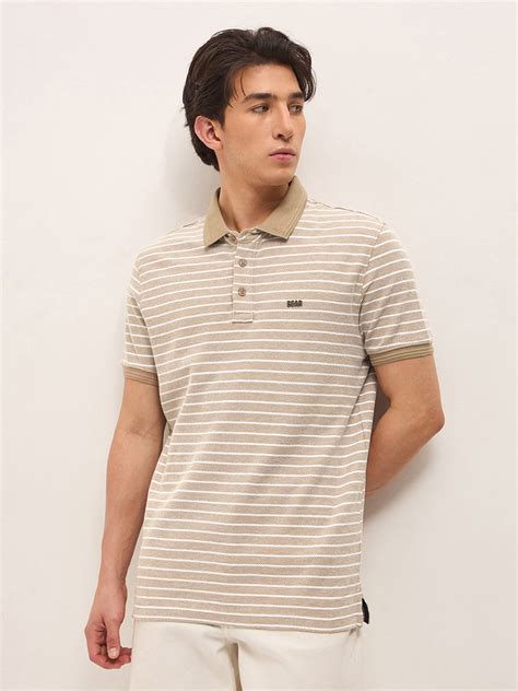 Shop Beige Regular Fit Polo T-Shirt with Solid Collar and Horizontal ...