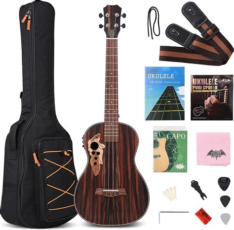 Batking 30 Inch All Black Wood Baritone Ukulele with Built-In Preamp ...