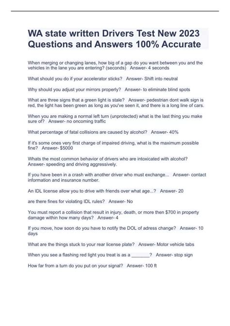 WA state written Drivers Test New 2023 Questions and Answers 100% ...