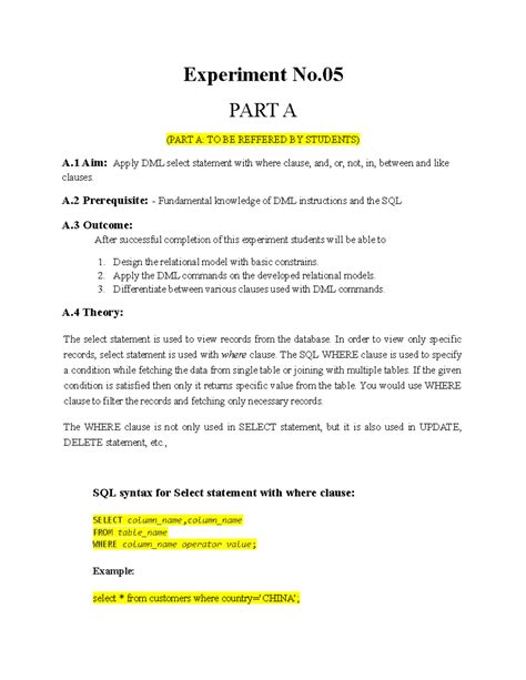 DBMS Practical 5: Using DML with WHERE Clause - C121 - Studocu