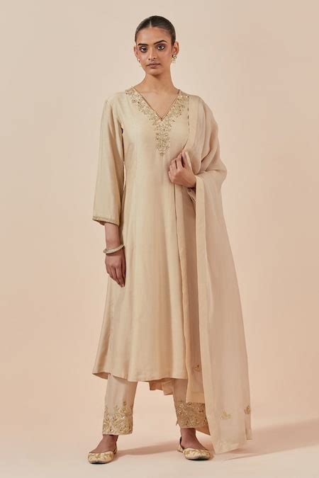 Buy Beige Chanderi Silk, Tissue Embroidery V-neck A-line Kurta Pant Set ...