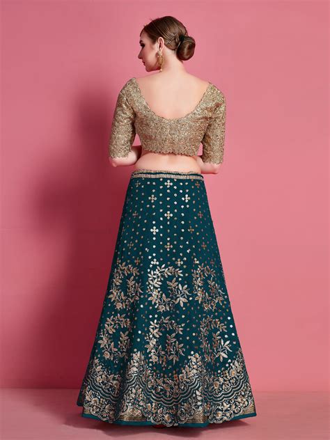 Teal Embroidered Semi Stitched Lehenga With Unstitched Blous