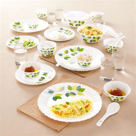 Larah By Borosil Green Leaves Silk Series Opalware Dinner Set With ...