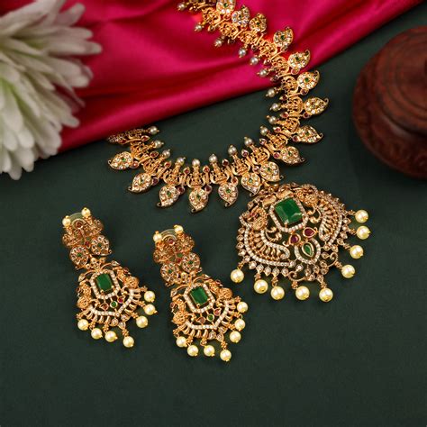24K Gold Plated South Indian Necklace Set With Green Stone Pendant Wor