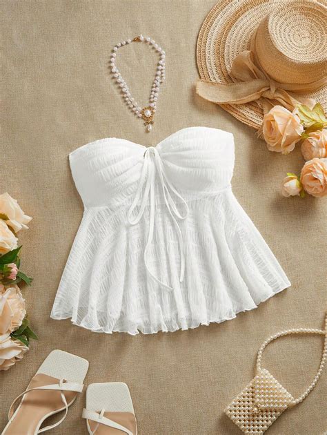 SHEIN VCAY Women's Spring Summer Boho Top White Top Plain Woven Bandeau ...