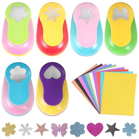 Regilt 6 Pcs Colorful Craft Hole Punch with 10 Glitter Cardstock Papers ...